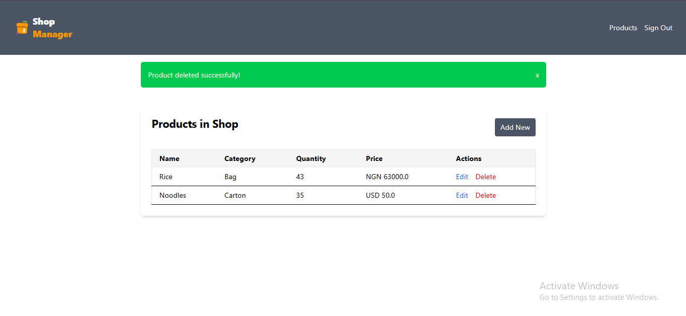 Screenshot of inventory manager app project
